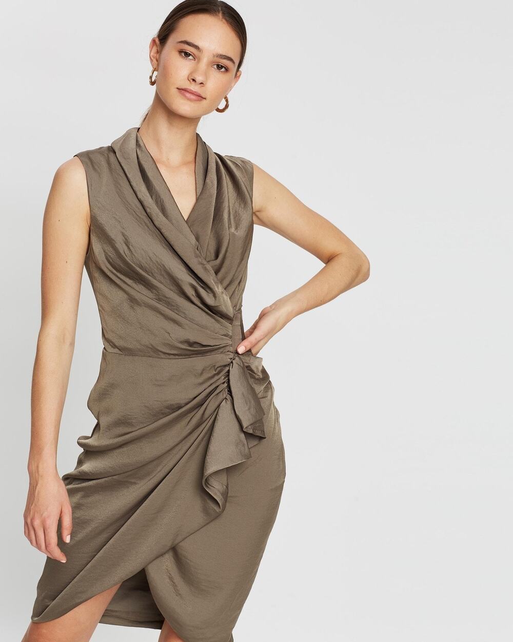 New AllSaints Cancity Dress Ash Grey V-Neck Ruched Ruffled Sleeveless Sz 8